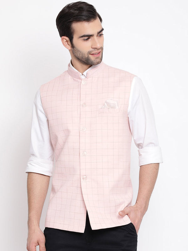 Men's Pink Checkered Classic Linen Nehru Jacket - Vastramay