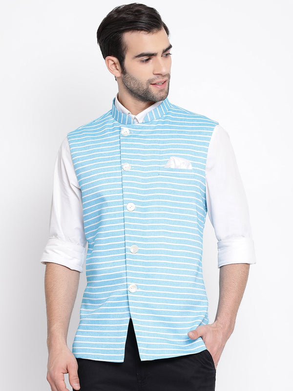 Men's Blue Stripes And Angrakha Pattern Classic Nehru Jacket - Vastramay