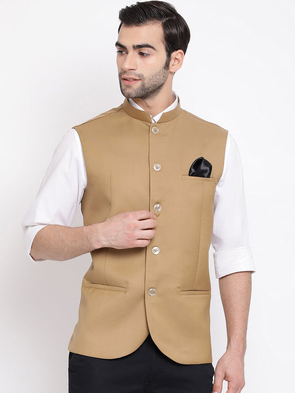 Men's Beige Cotton Blend Twill Nehru Jacket - Vastramay