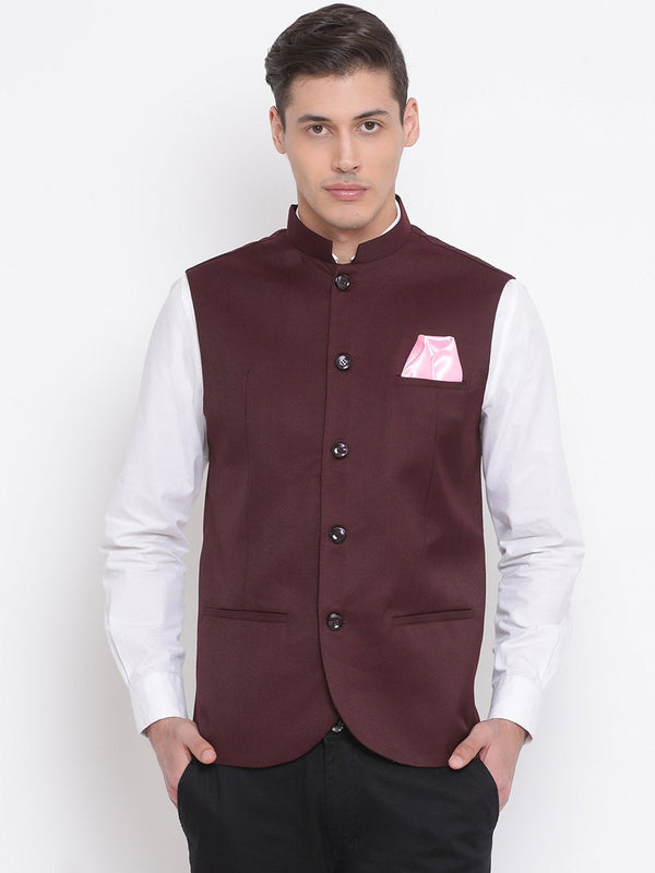 Men's Maroon Cotton Blend Twill Nehru Jacket - Vastramay