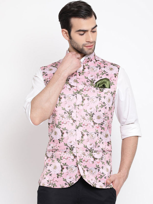 Men's Pink Digital Floral Printed Royal Nehru Jacket - Vastramay