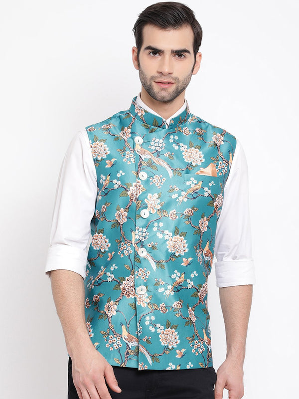 Men's Turquoise Digital Printed Royal Angrakha Nehru Jacket - Vastramay