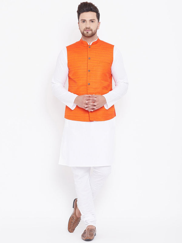 Men's Orange And White Cotton Blend Jacket, Kurta and Pyjama Set - Vastramay
