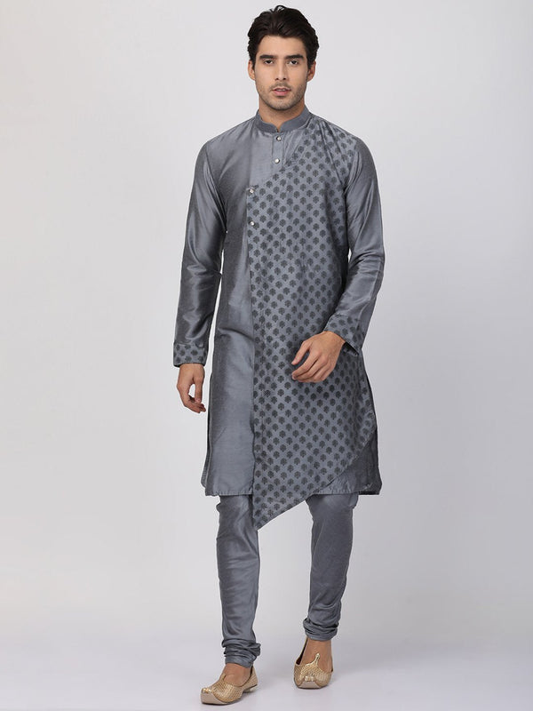 Men's Grey Cotton Silk Blend Kurta and Pyjama Set - Vastramay