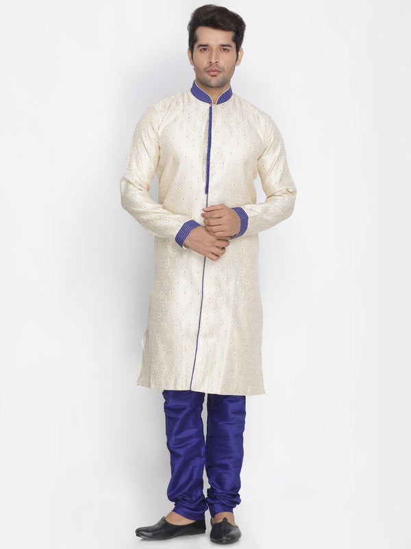 Men's Blue Cotton Silk Blend Sherwani Set - Vastramay