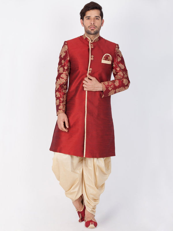 Men's Maroon Cotton Silk Blend Sherwani Set - Vastramay