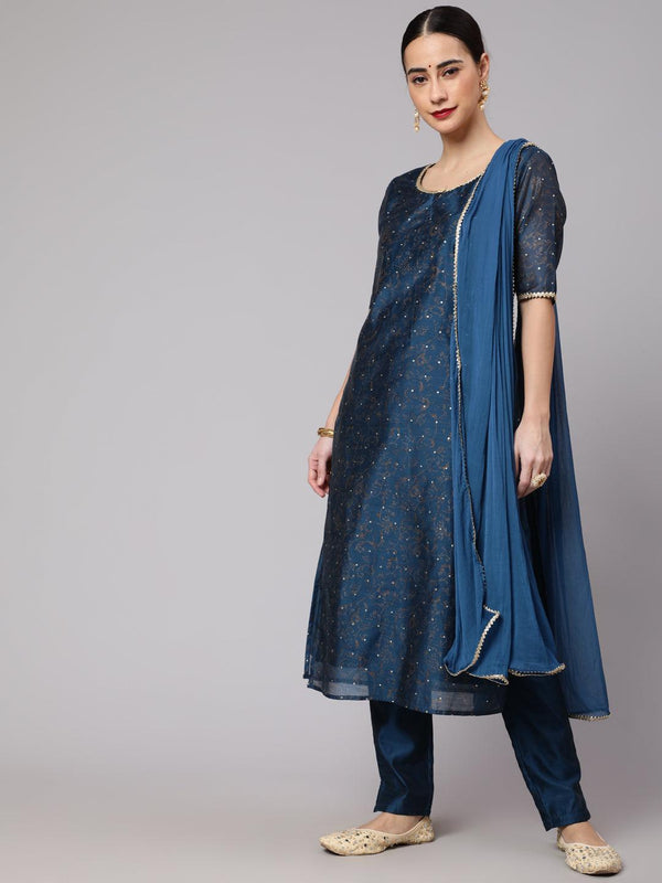 Women's Blue Foil Printed Kurta & Pant With Dupatta Set - Aks - Indiakreations