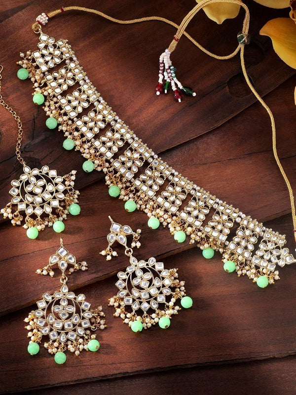 Women's Gold PlatedMint Kundan & Pearl Studded Choker Necklace Set with Earrings & Maang Tikka - i jewels