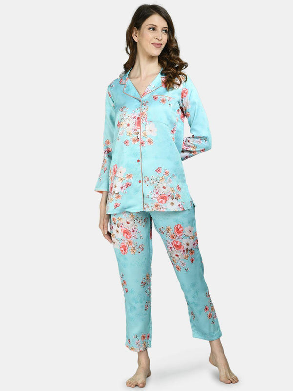 Women Sky Blue Printed Night Suit by Myshka (2 Pc Set) - Indiakreations