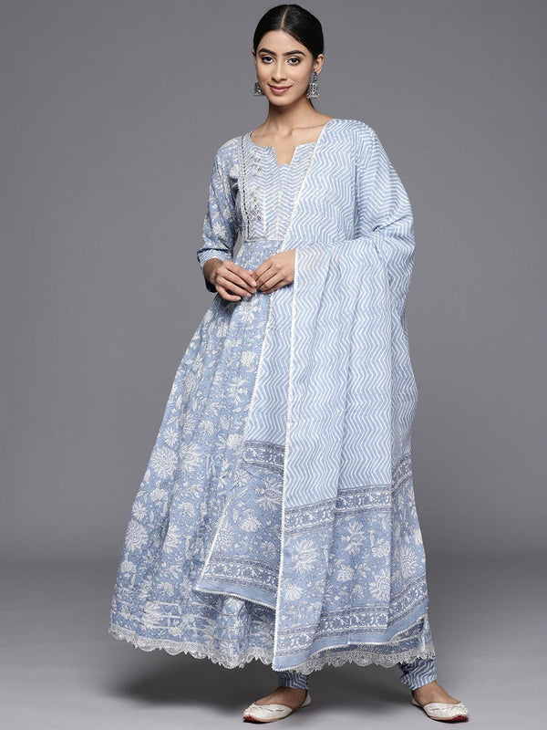 Blue Yoke Design Cotton Anarkali Kurta With Churidar & Dupatta