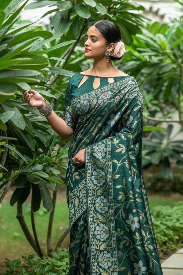 Bottel Green Floral Tussar Silk Jamdani Saree - Indiakreations