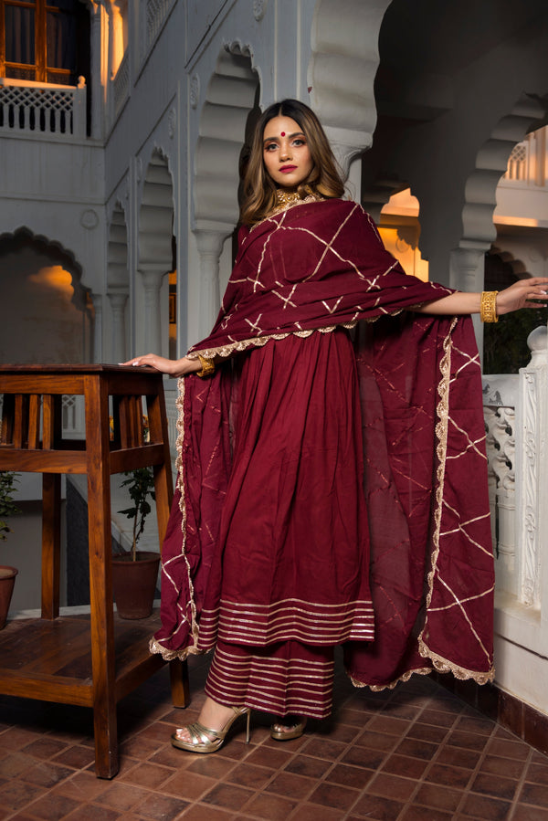 Women's Gotta Jaal Maroon Cotton Anarkali - Pomcha Jaipur