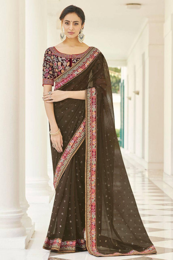 Dark Olive Green Floral Georgette Embroidery Saree - Indiakreations