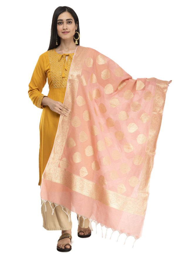 A R Silk Women's Chanderi Cotton Zari Work Peach Banarsi Chanderi Dupatta ARS0410