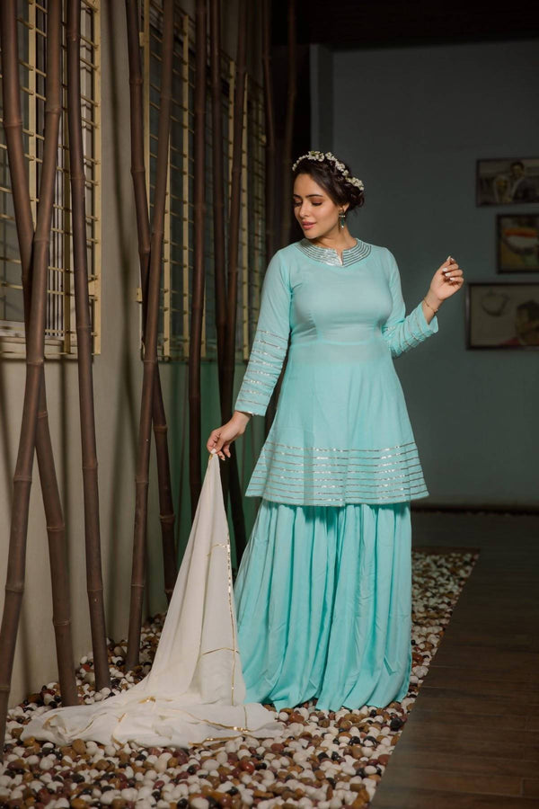 Women's Turquoise & White Cotton & Shiffon Kurta Sharara Dupatta Set - Cheera