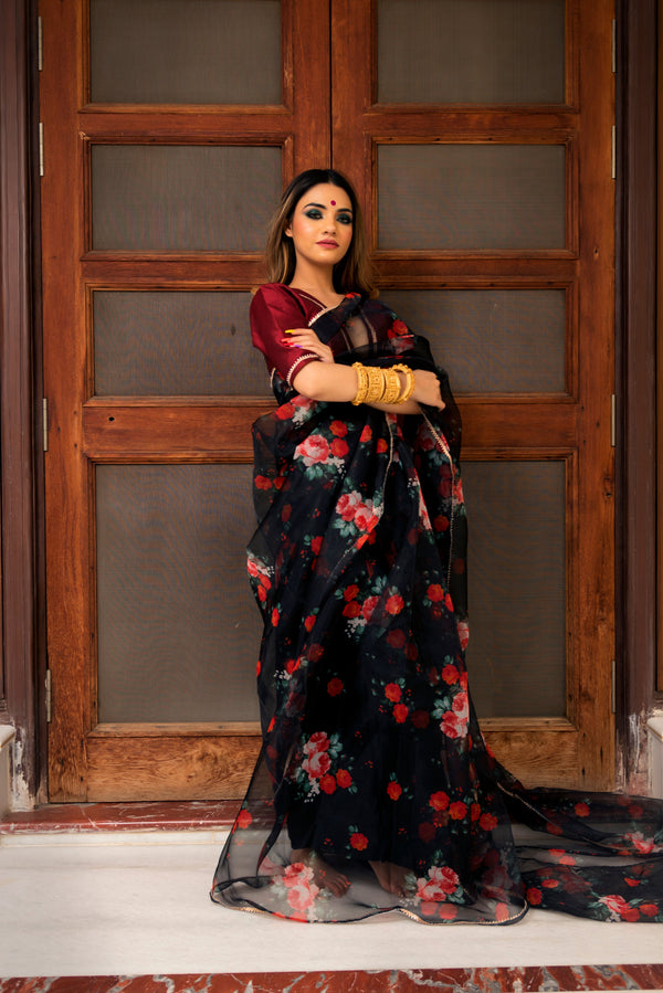 Women's BLACK & RED ORGANZA SAREE - Pomcha Jaipur