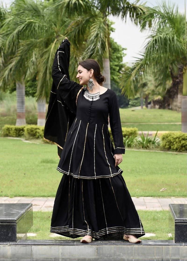 Women's Black 100% Cotton Kurta Sharara Dupatta set - Cheera