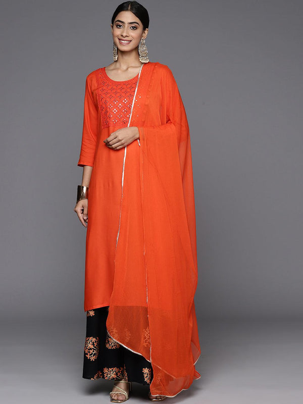 Orange Yoke Design Rayon Straight Kurta With Skirt & Dupatta