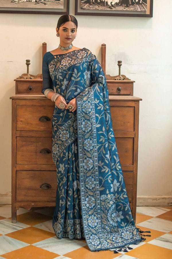Peacock Blue Floral Tussar Silk Jamdani Saree - Indiakreations