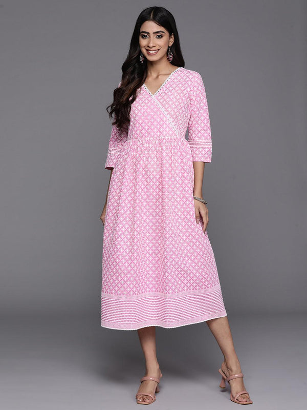 Pink Embroidered Cotton Fit and Flare Dress