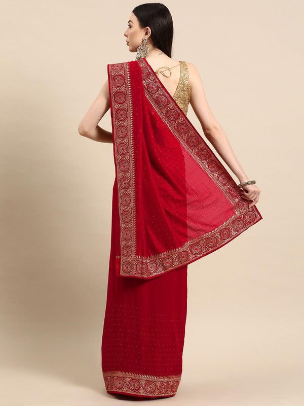 Red Embroidered Silk Blend Saree