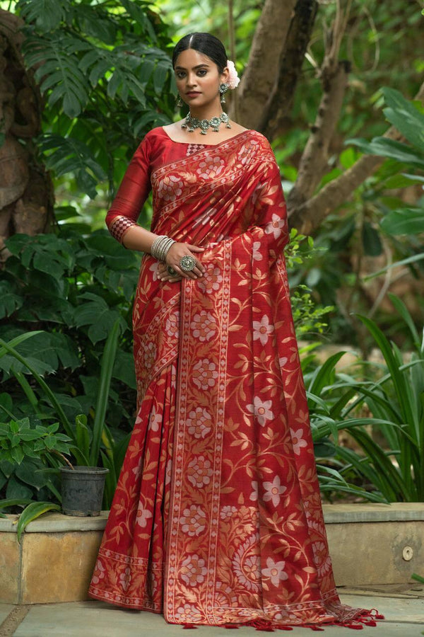Red Floral Tussar Silk Jamdani Saree - Indiakreations