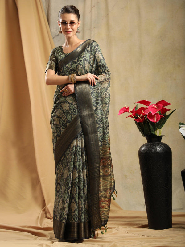 Women's Digital Print Daily Wear Cotton Silk Saree (Grey) - Nyutika - Indiakreations