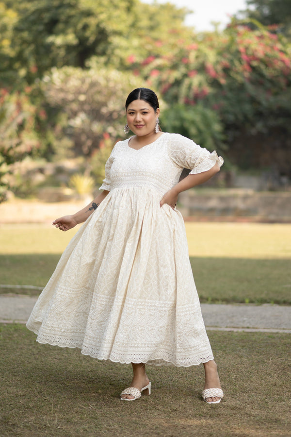 Women's White Sequin & Chikankari Maxi Dress - Saras The Label ( 1 Pc Set )