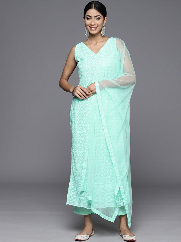 Sea Green Embroidered Georgette Straight Kurta With Trousers & Dupatta