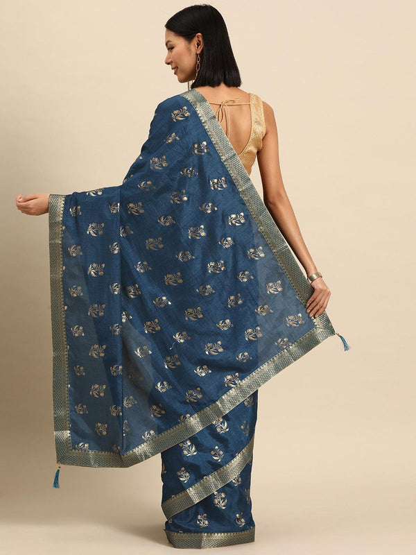 Teal Printed Silk Blend Saree
