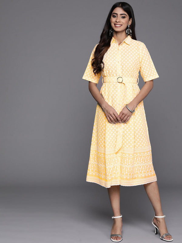 Yellow Embroidered Cotton Shirt Dress