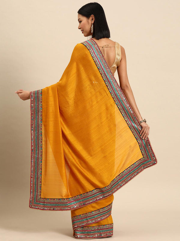 Yellow Embroidered Silk Blend Saree